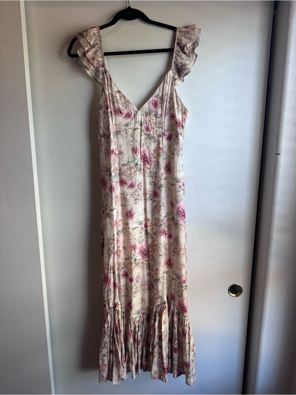 Ruffled-Strap Midi Dress in Cream with Pink Floral Print